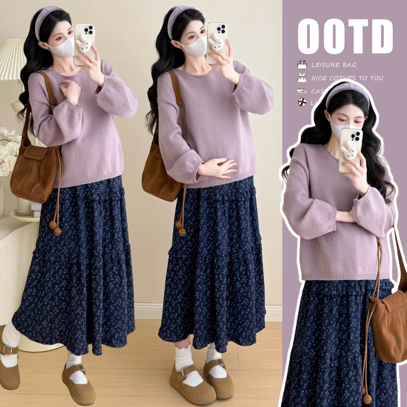 孕妇秋冬装2025新款时尚韩系温柔氛围感上衣宽松显瘦碎花半身裙女