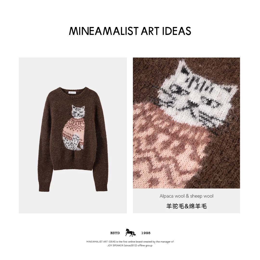 MINEAMALIST ART IDEAS秋冬复古发财猫圆领羊驼毛衣2999M