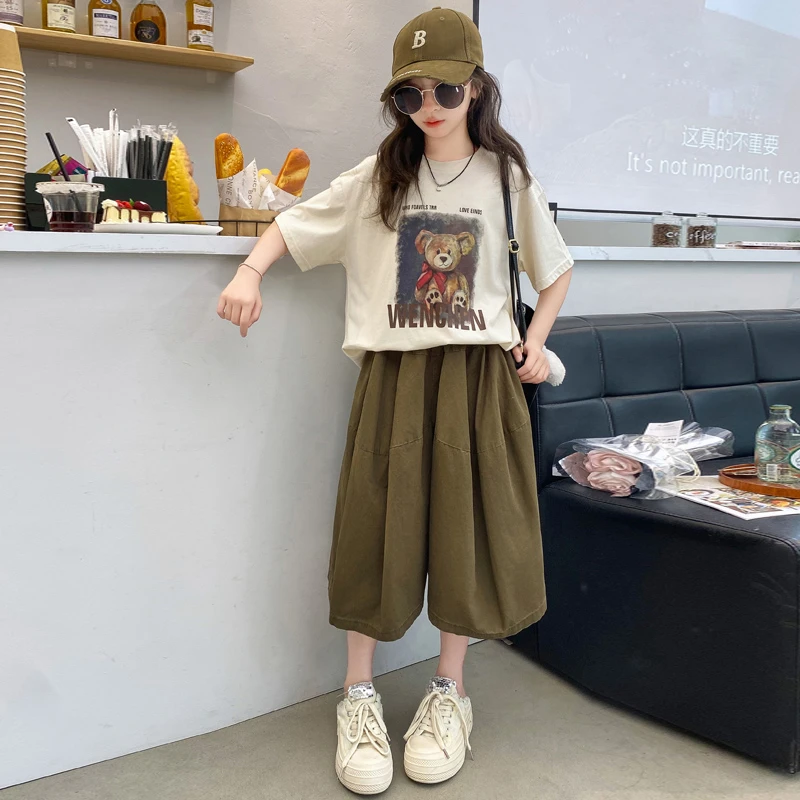 女大童夏短袖T恤2025新款洋气女孩9夏装宽松休闲两件套初中生套装