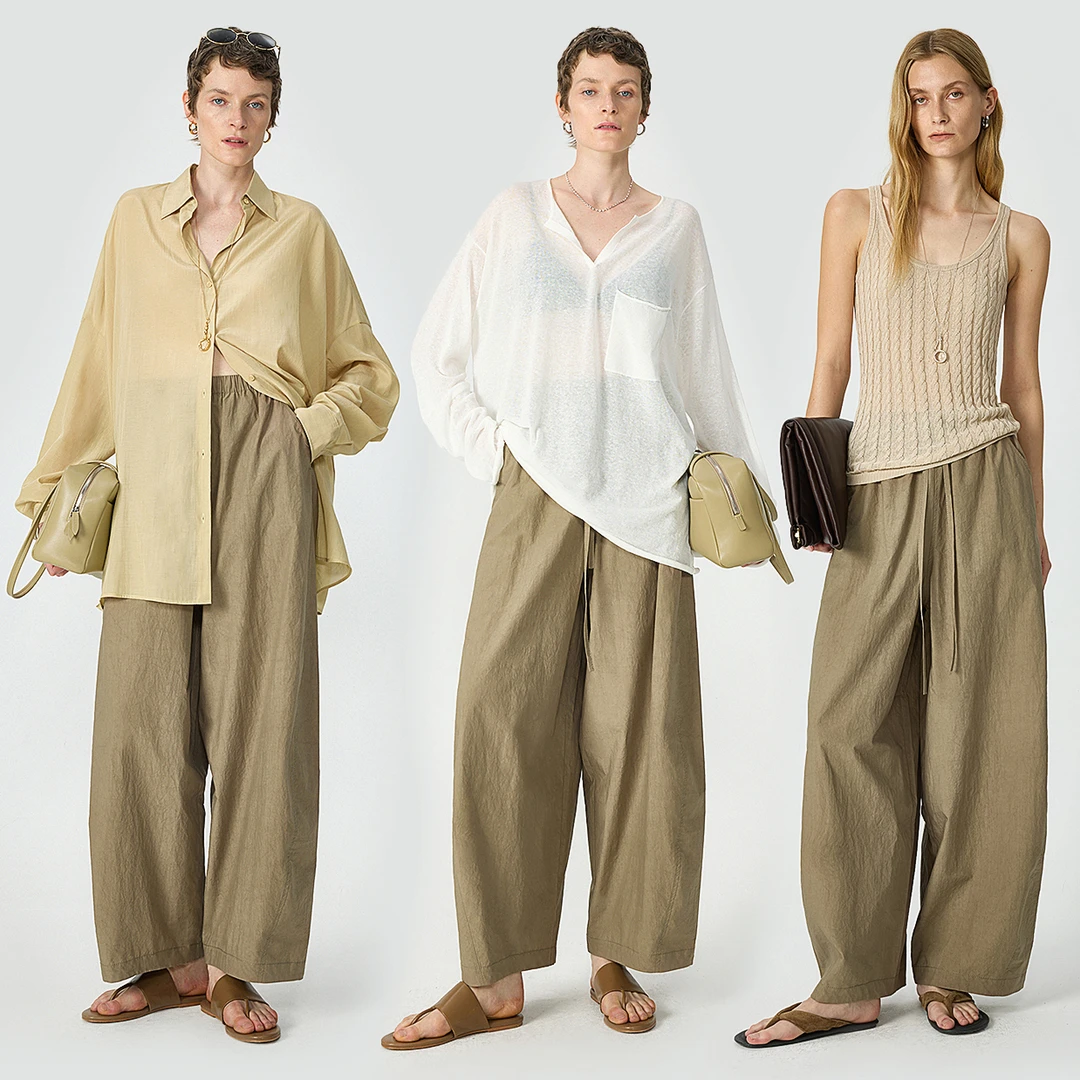 KEIGAN/开间盈纸感长绒棉轻解构抽绳松紧腰9分弧形宽松企鹅裤