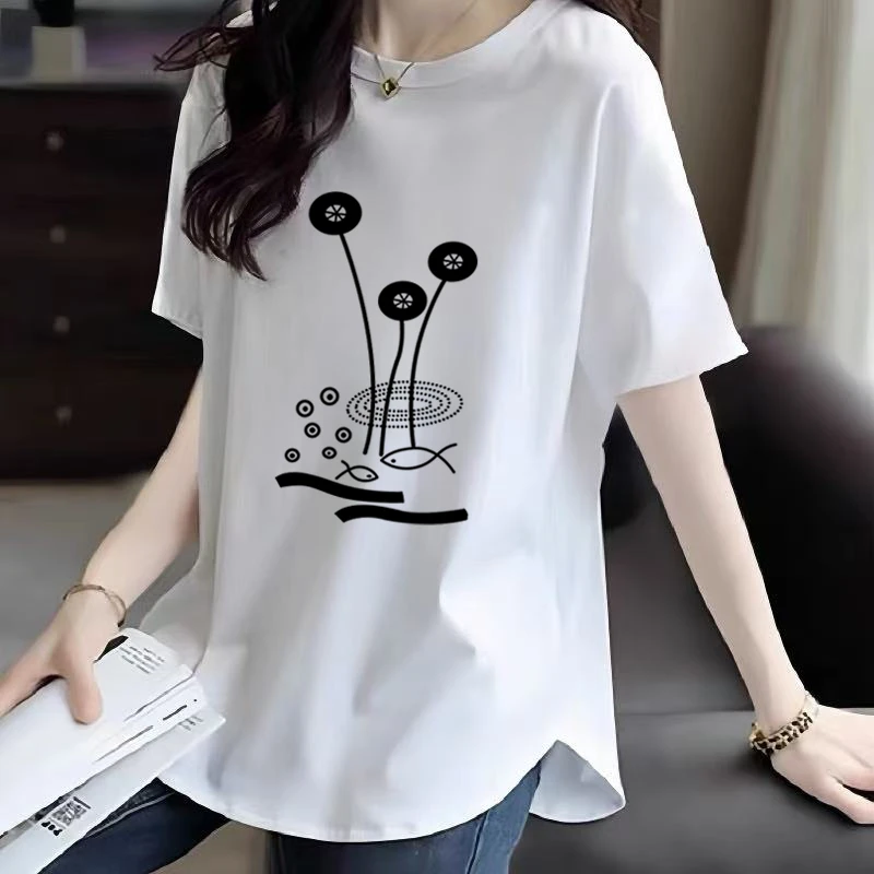 韩版夏季百搭白色短袖t恤女中长款圆领圆弧下摆纯棉内搭打底衫ins