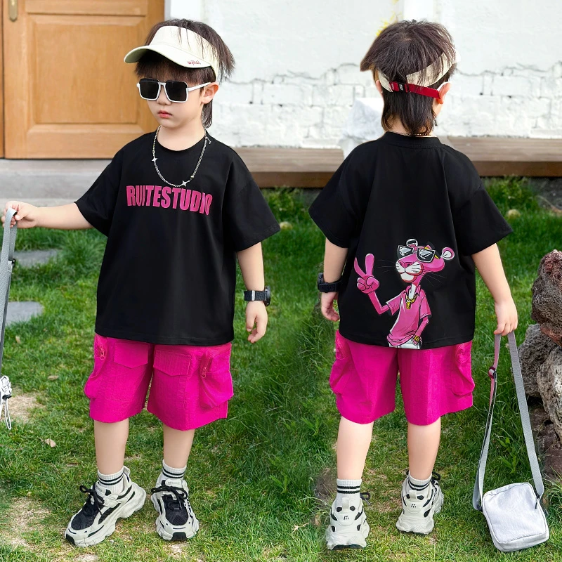 男童夏季套装粉红豹2025新款儿童短袖帅气男孩宝宝夏装炸街两件套