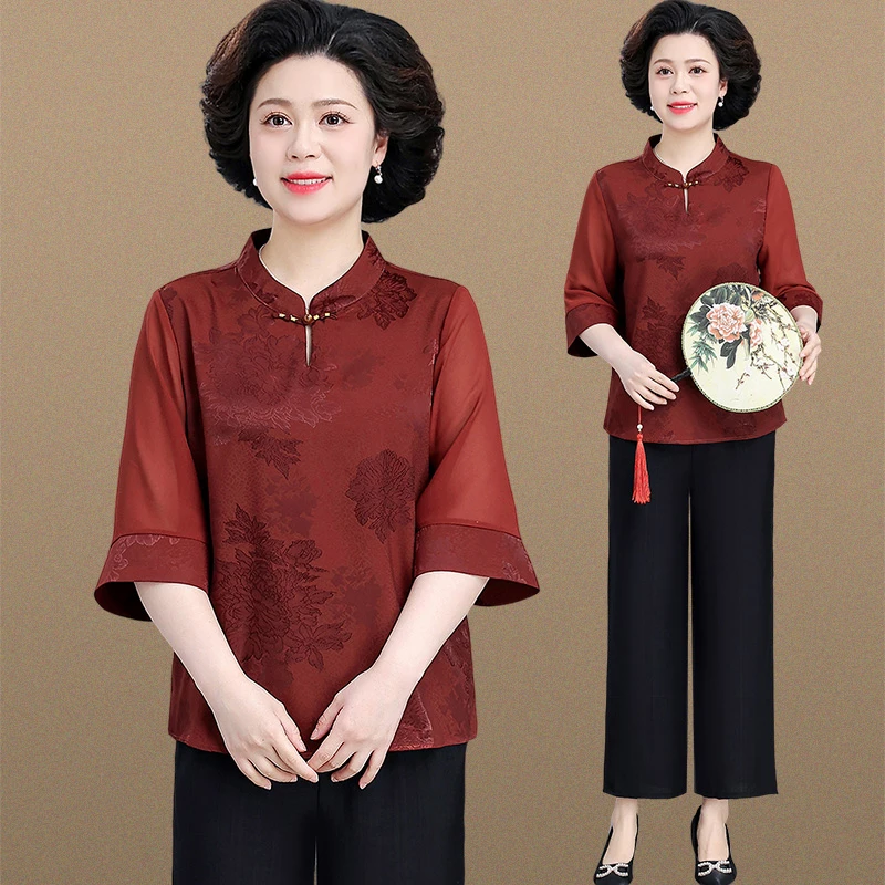 中年妈妈夏装上衣新款七分袖雪纺小衫中老年套装春秋款女老人衣服