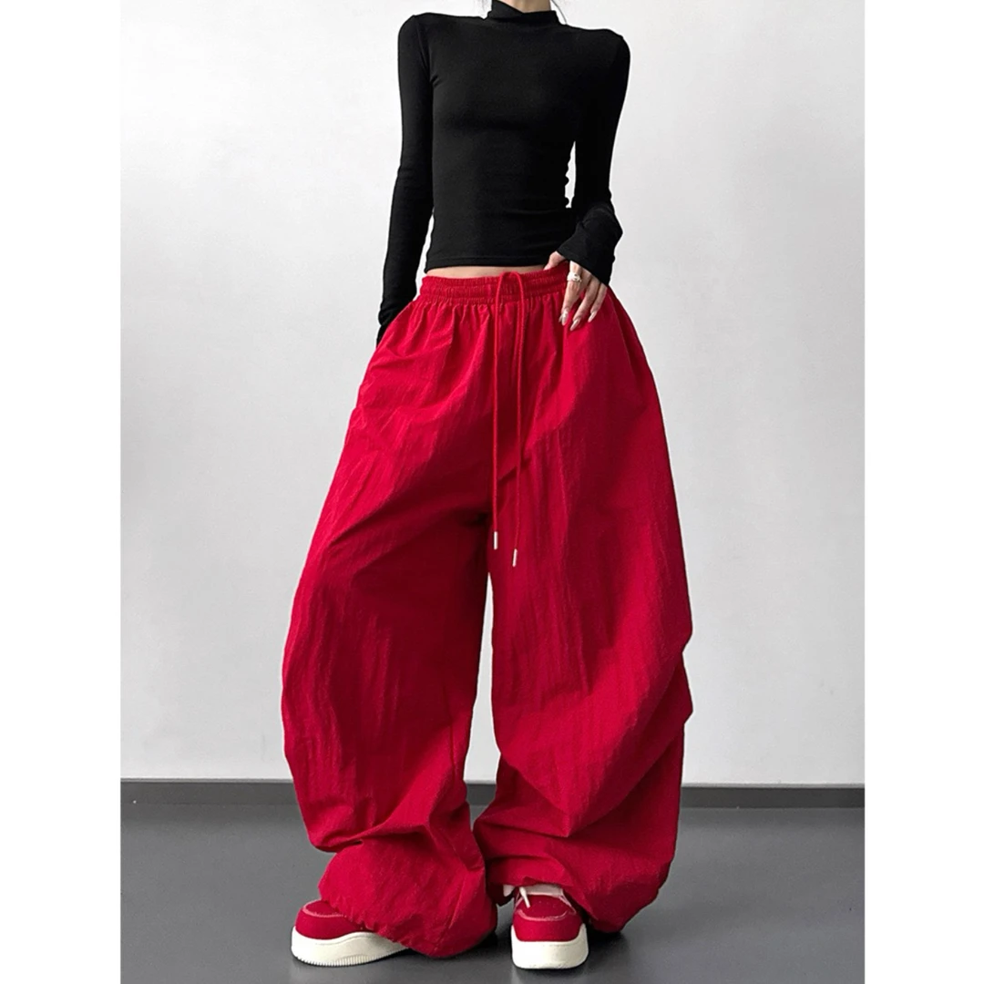 红色褶皱设计阔腿裤女2025秋冬装休闲裤宽松慵懒风独特滑雪裤加绒
