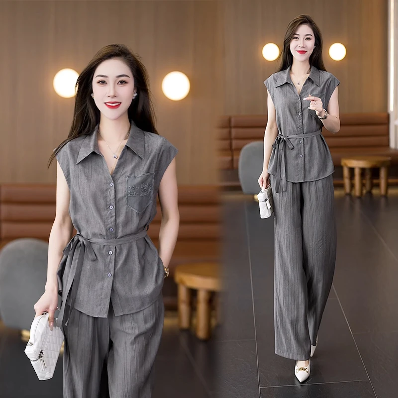 时尚休闲套装女2025夏季新款洋气质减龄显瘦翻领短袖阔腿裤两件套