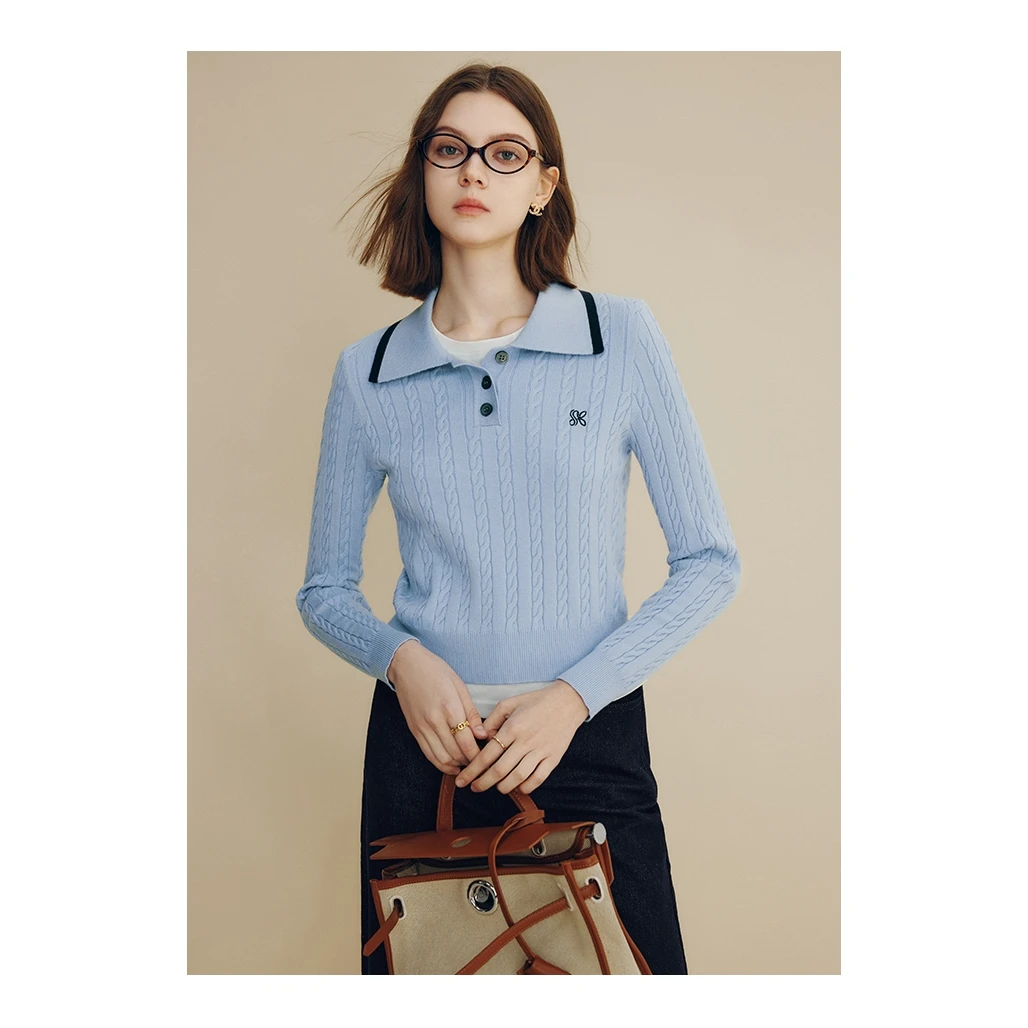 【诗语专属】法曼萱绞花POLO领针织衫女2025春复古上衣MT0924