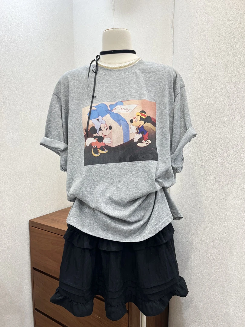 温柔瑶-Eleven#韩版休闲宽松百搭米奇印花短袖T#1666