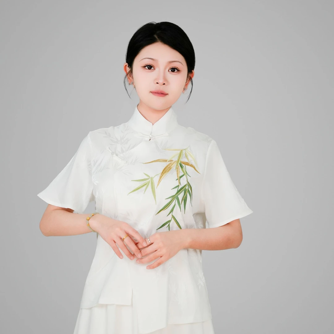洛如嫣【竹叶上衣】2025新款夏季新中式国风短袖立领衬衫女百搭气质