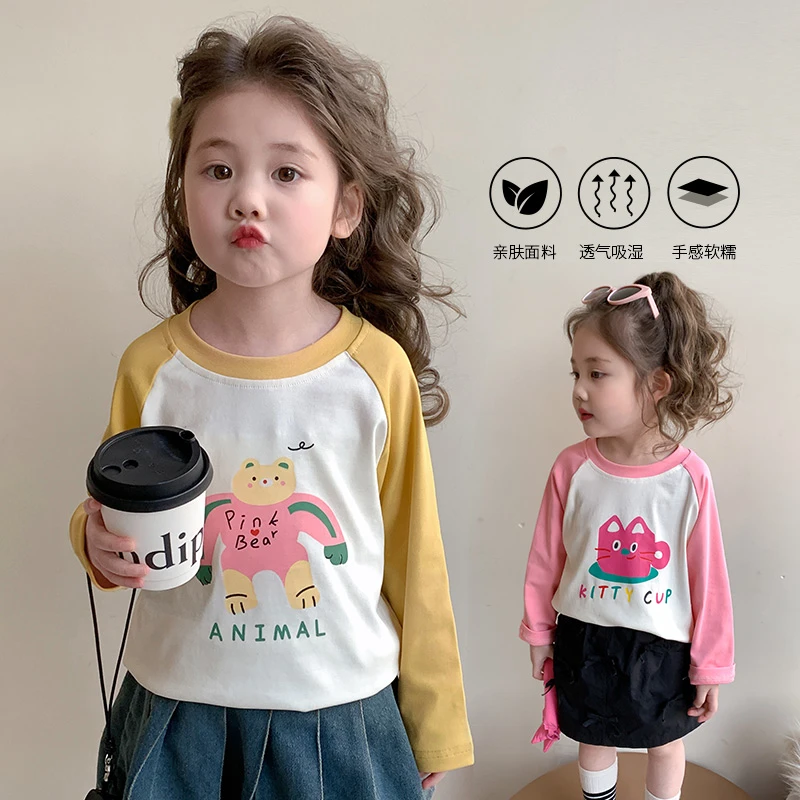 2025年新款春季中小女童儿童常规款圆领正常版棉T恤卡通印花长袖