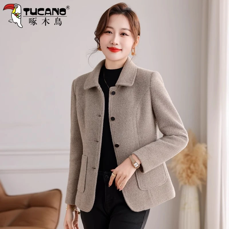 【官方】啄木鸟翻领小香风外套女2025春秋新款时尚休闲优雅气质上衣