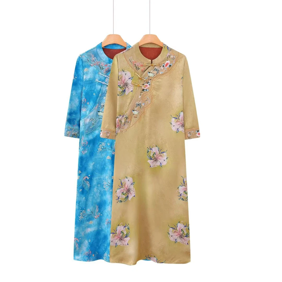 N003【锦悦】时尚新款花罗中式刺绣旗袍国风连衣裙复古气质显瘦裙子