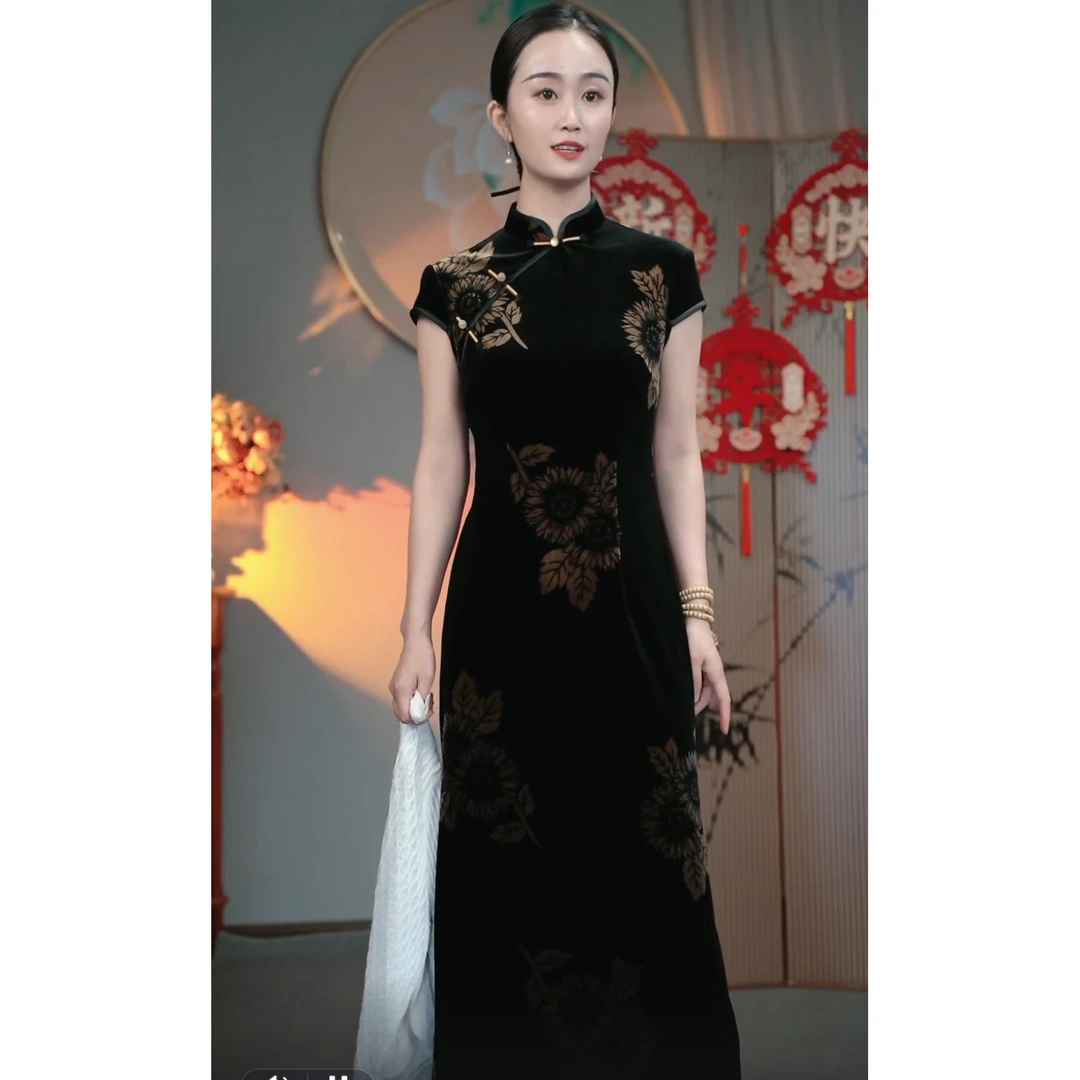 [财阀千金]黑色包肩旗袍2025新款女夏复古老上海长款高端大气日常