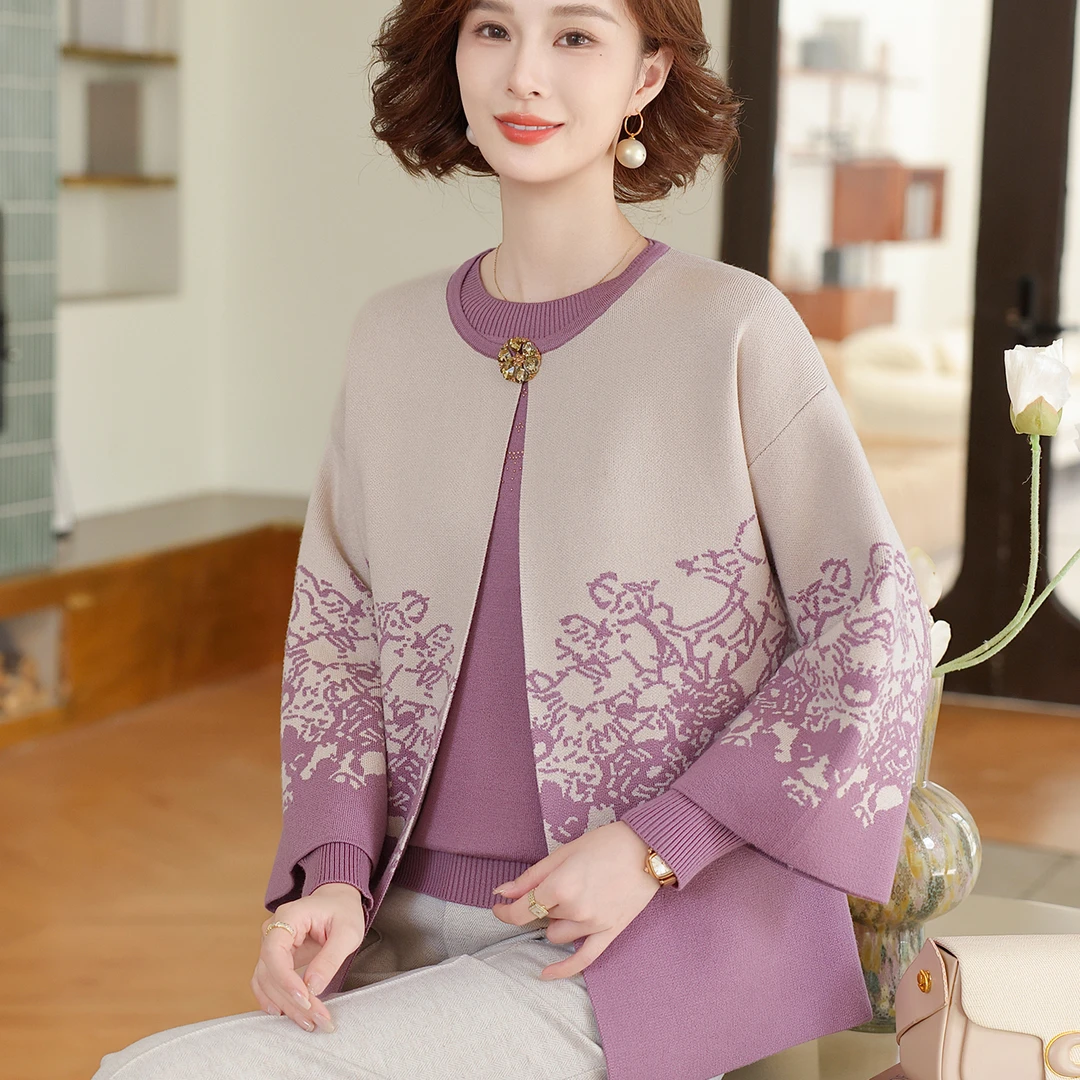 老年人秋冬装针织打底衫中年妈妈装洋气上衣两件套装毛衣时尚外套