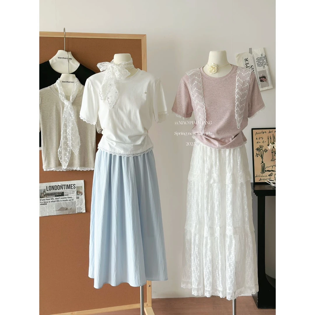 欧货时尚设计感短袖T恤女2025圆领百搭上衣+蕾丝飘带7013#0.1