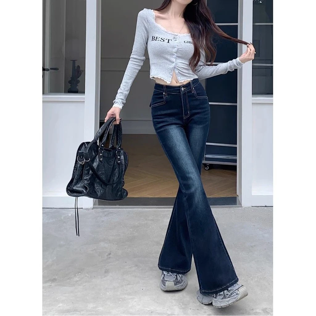 小个子深蓝复古水洗微喇叭牛仔裤女高腰显瘦修身弹力马蹄长裤