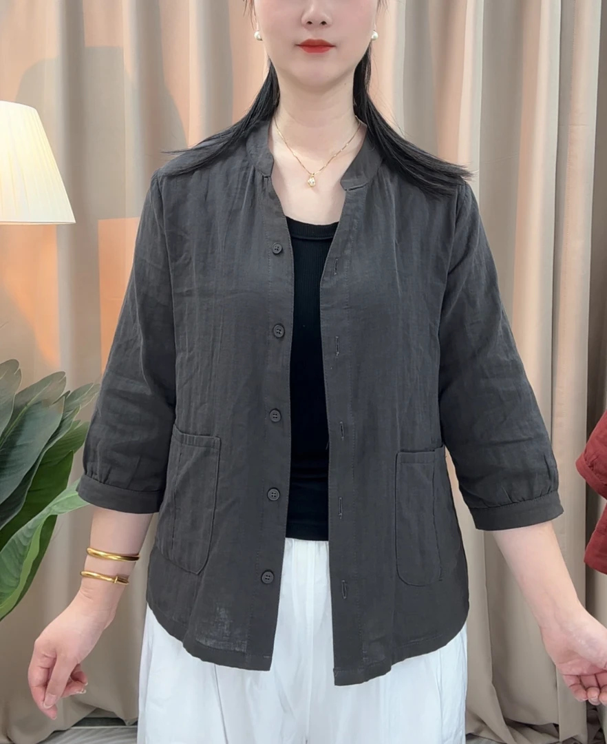 2025夏季新时尚减龄棉纱七分袖开衫妈妈装纯色不挑人