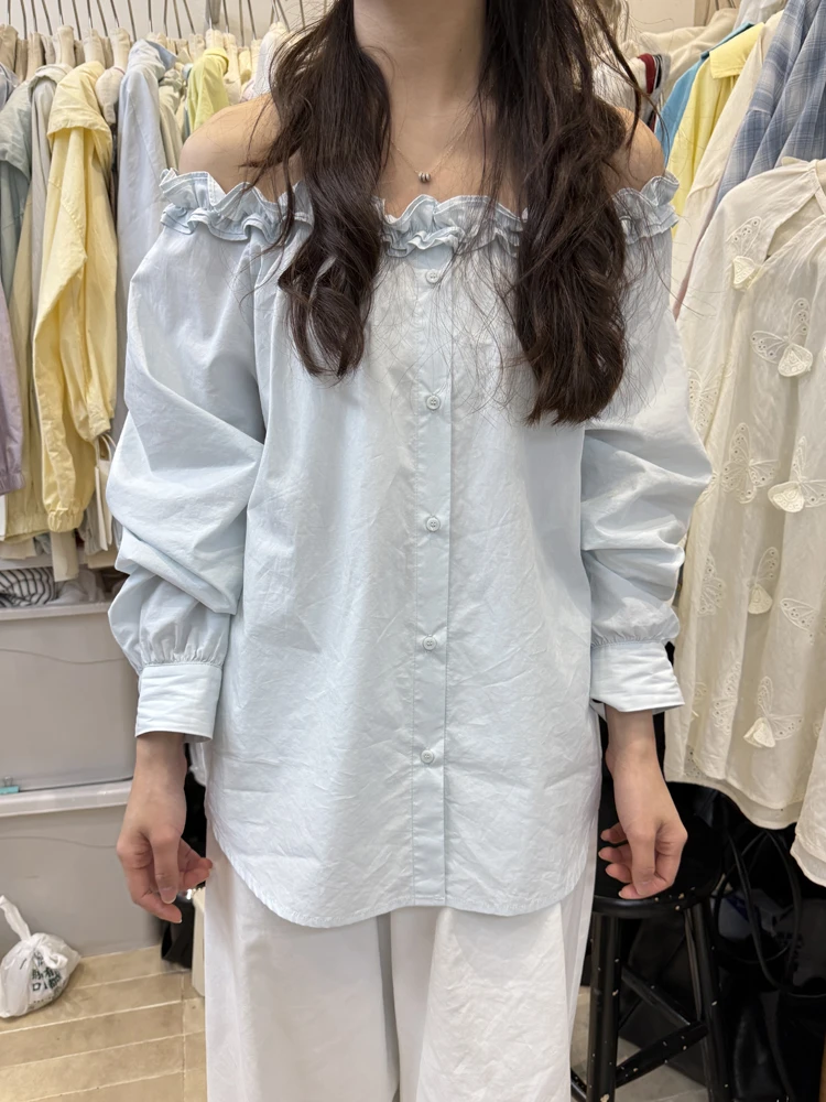 韩版简约风春夏度假风新款净色长袖木耳领一字肩单排扣休闲衬衫女