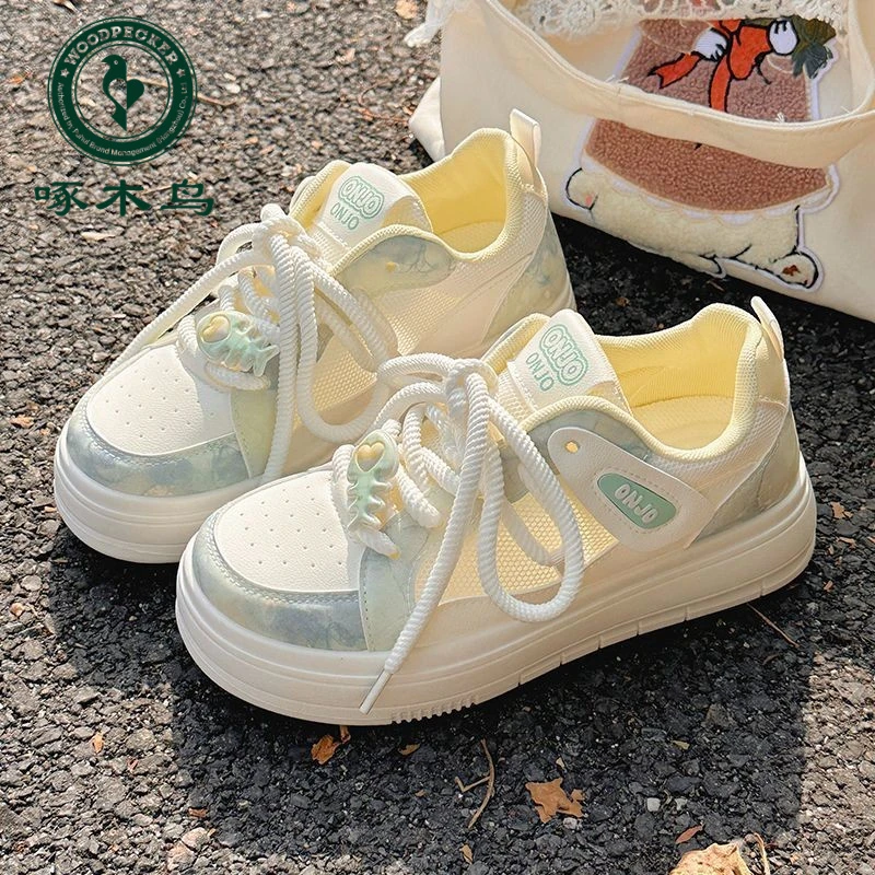 啄木鸟夏季女鞋小白鞋女透气网面鞋百搭小众面包鞋厚底运动板鞋