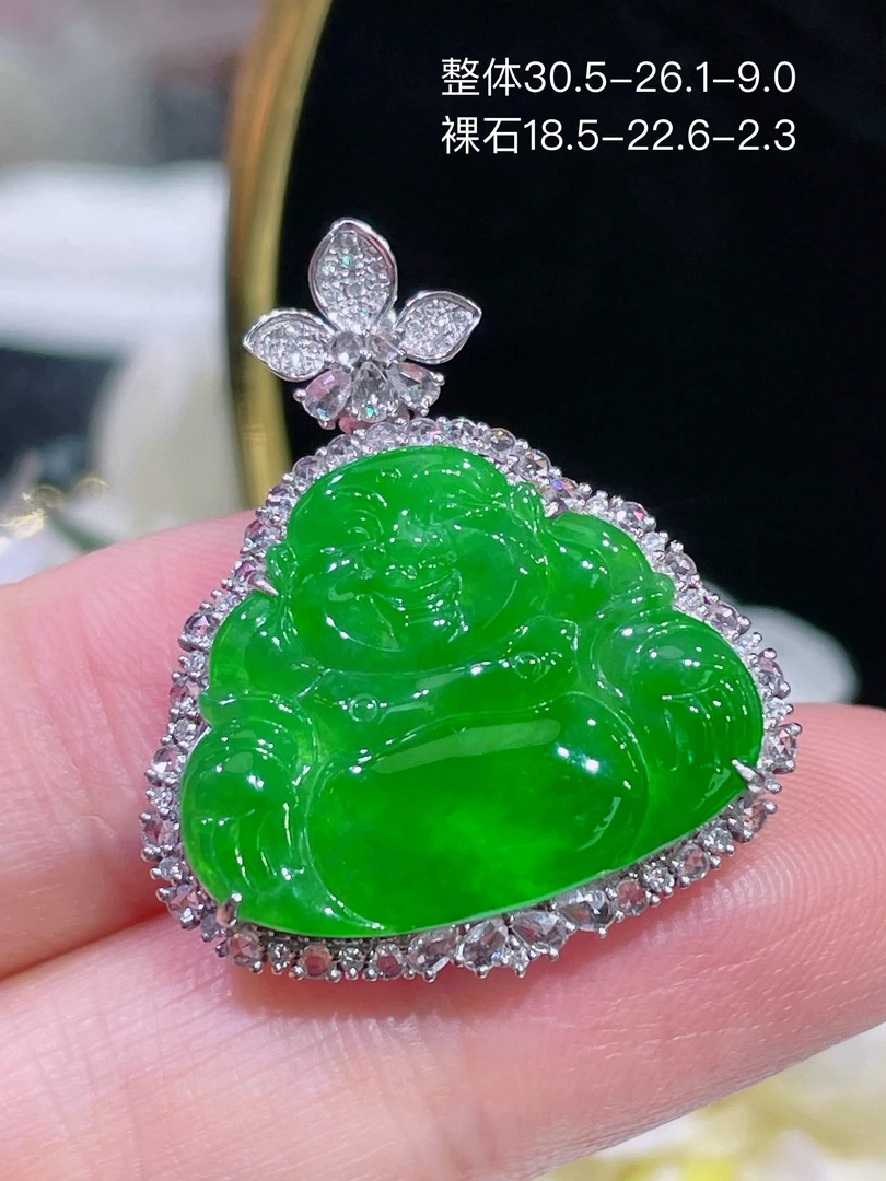 18k金镶嵌天然缅甸A货翡翠满绿正阳绿帝王绿佛公吊坠