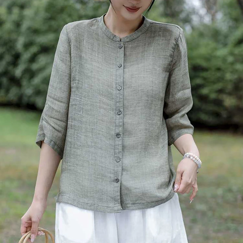 （单排扣纯色苎麻小衫）9212夏季新款文艺小领口净版显瘦小衫Z