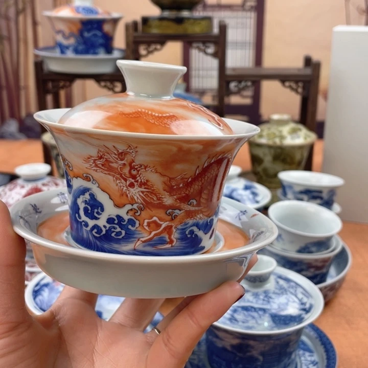 陶摆件鱼化龙马蹄盖碗