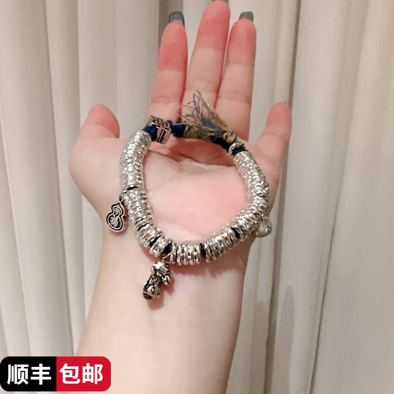 足银手链 小胖福足银9999盘缠手链绳实心女生款s999足银手串