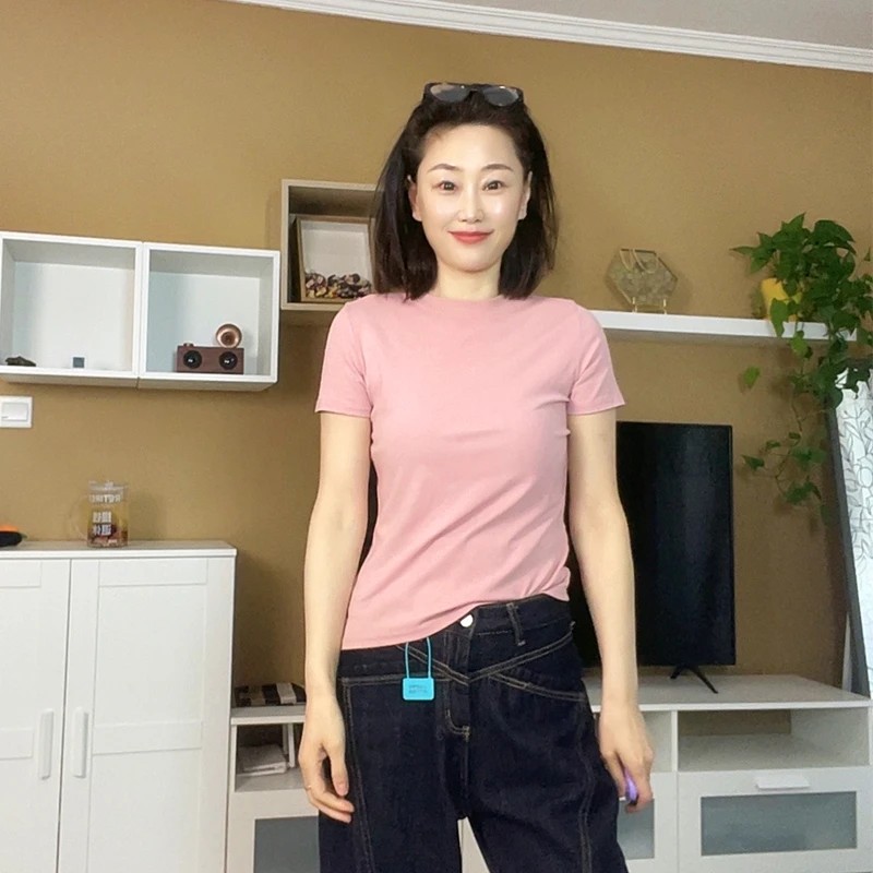 纯色净版短袖T恤女精梳棉高弹力修身显瘦正肩上衣