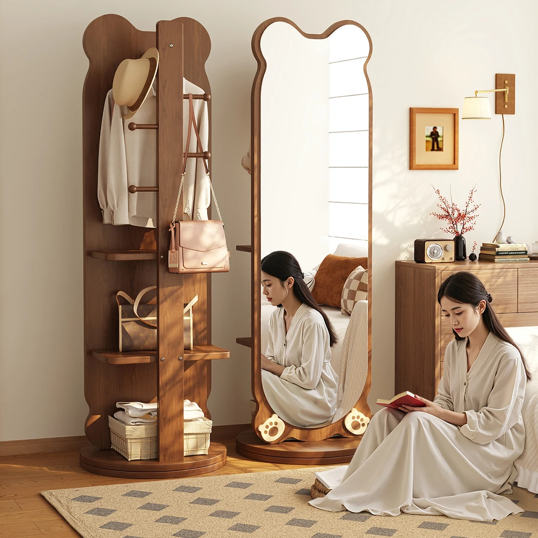 小熊全身镜可旋转穿衣镜家用女生卧室试衣镜落地镜衣挂架一体镜子