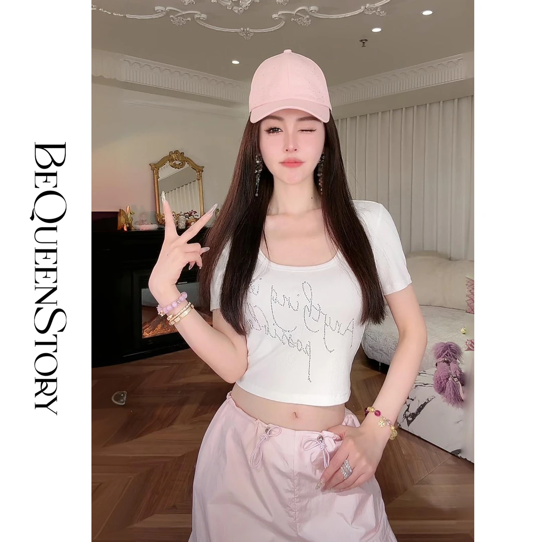 余潇潇【闪耀独白】2025春装轻奢烫钻方圆领修身弹力针织T恤