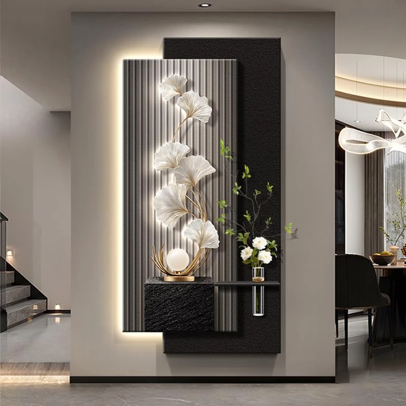 现代轻奢高级感玄关装饰画入户正对门银杏叶壁画新款过道走廊挂画