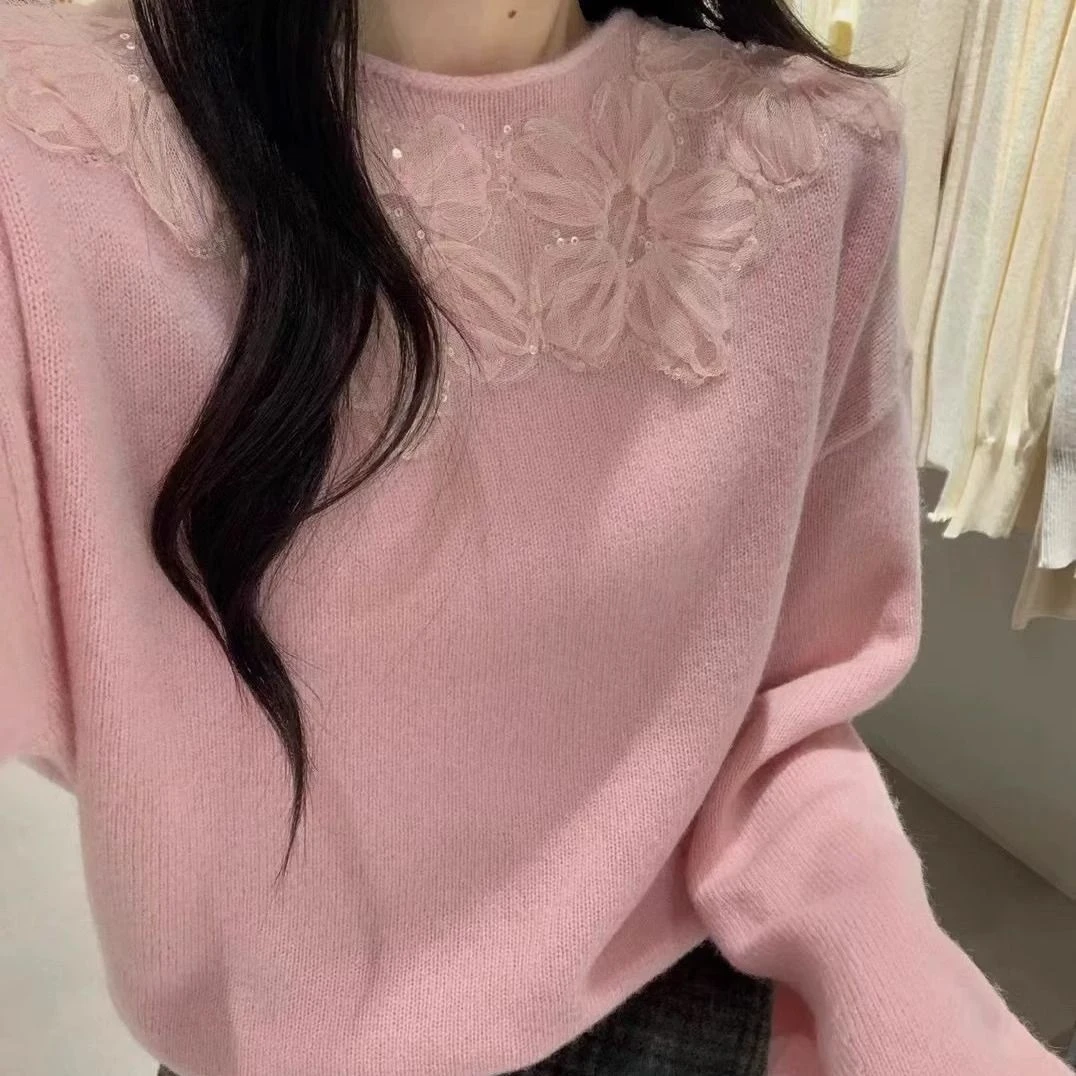 长袖气质蕾丝甜美圆领时尚针织衫毛衣宽松2024秋冬新款花朵百搭