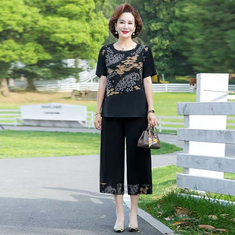 9113-妈妈装夏季短袖套装宽松版短袖上衣裤子女装两件套【A22-1-4】