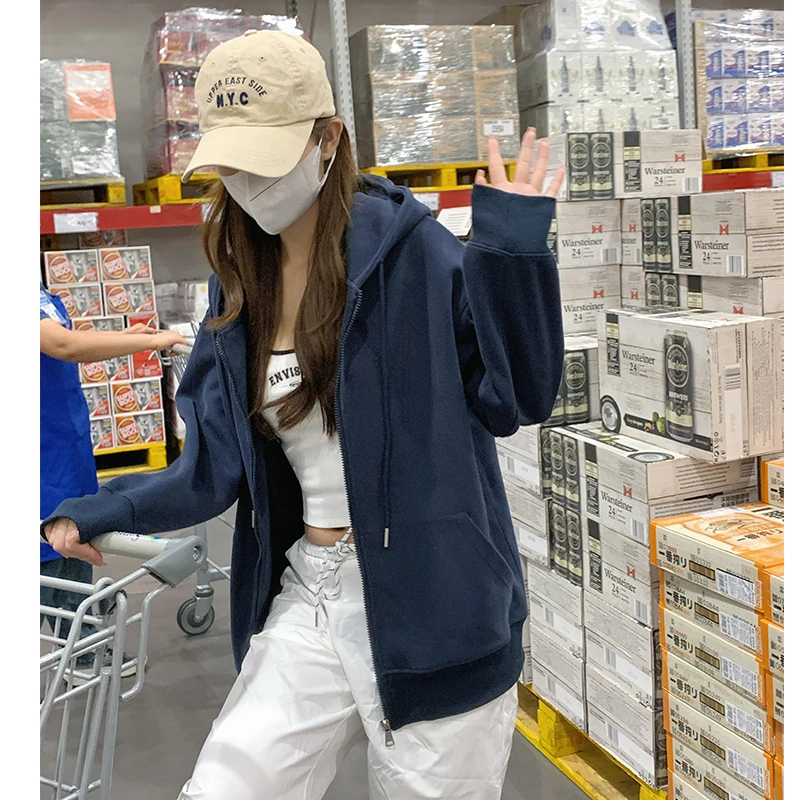 大码300斤韩版学院休闲纯色拉链外套男女秋冬加绒慵懒风开衫卫衣