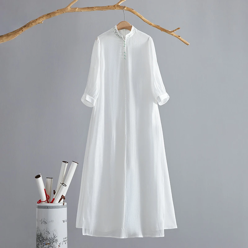2025新款复古风女装立领绣花夏季改良汉服裙白色仙气茶服连衣裙