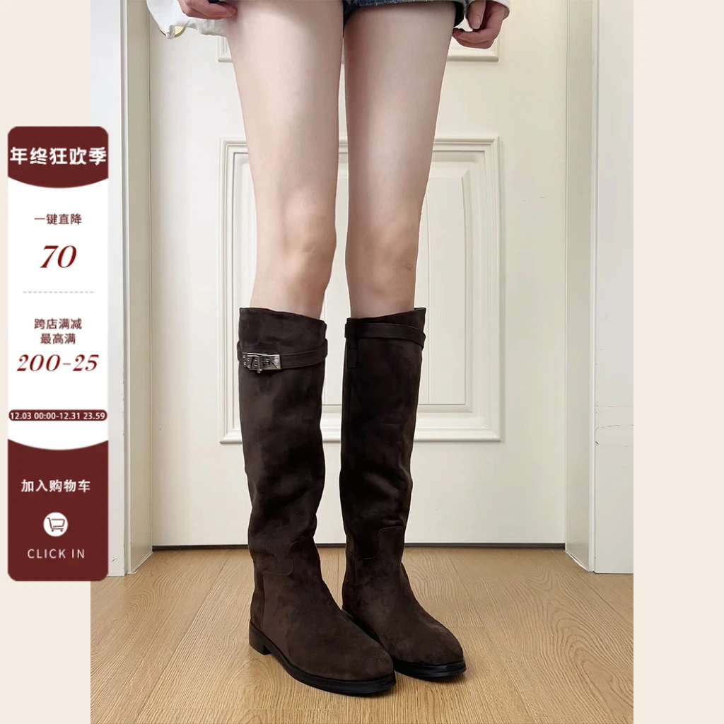 Dannyfrey早秋新款度假风绒面美拉德复古显瘦骑士靴西部牛仔靴女