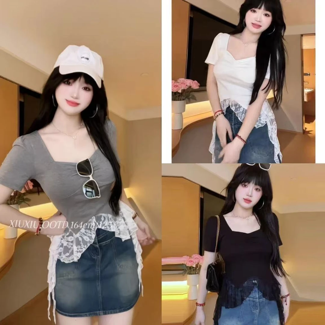 清甜苏打 微胖mm纯欲显瘦短袖T恤女夏季显瘦别致拼接蕾丝短款上衣