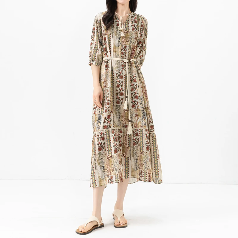 波西米亚民族风连衣裙女2025新款夏季薄款气质亚麻裙印花长款裙子