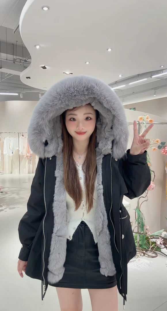 TD【嫦娥獭兔】玉如意派克服女冬连帽棉服时尚百搭外套大毛领