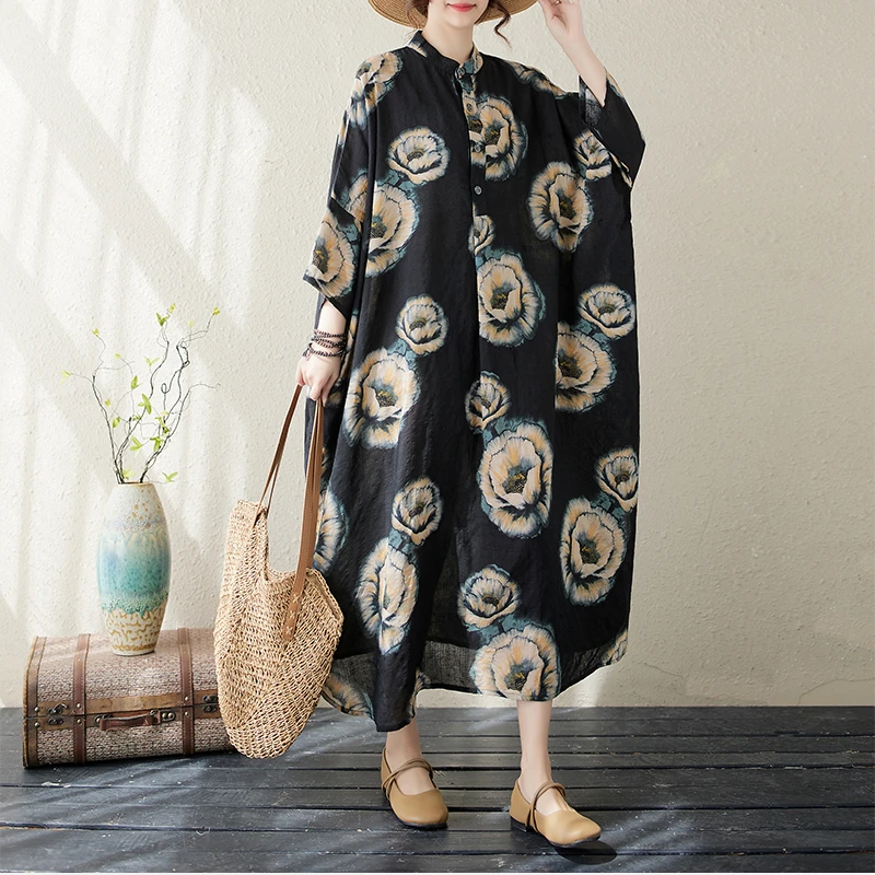 大码宽松简约撞色印花V领开衫连衣裙女2025秋季新款洋气减龄长裙