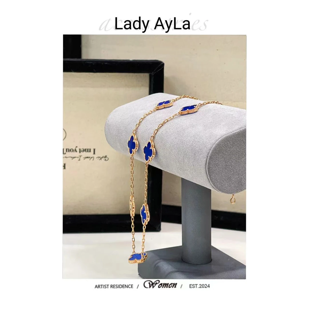 链子925银合成锆石 蓝色四花项链轻奢小众气质AL1039