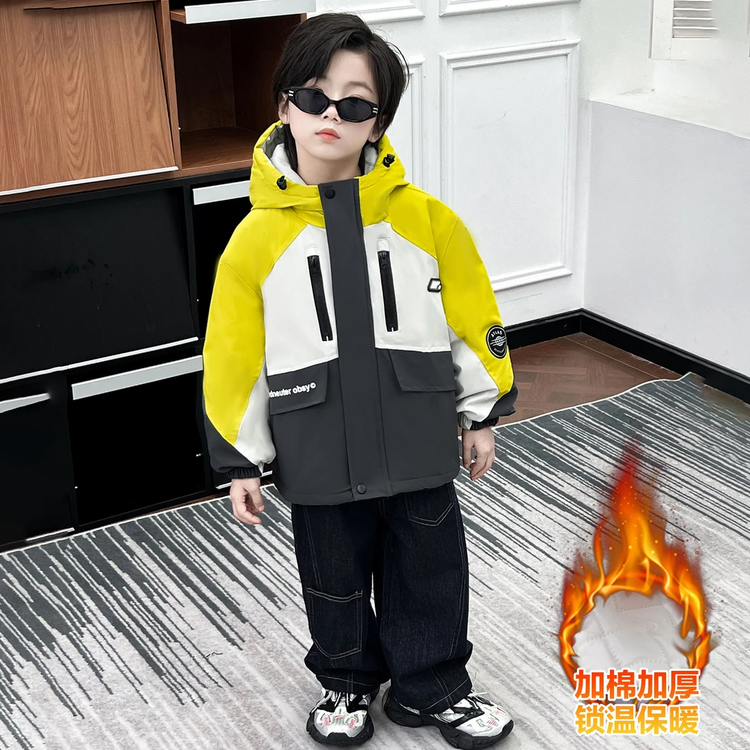 男童夹冬季加绒棉外套棉袄儿童拼色款派克服新款儿童外套