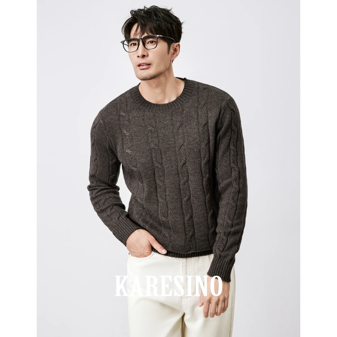 可机洗羊毛混纺 秋冬保暖商务绞花针织衫男士时尚圆领毛衣羊毛衫