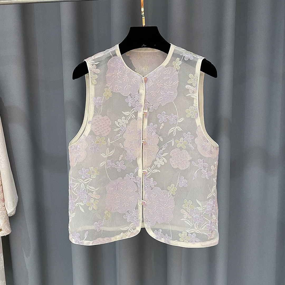 南油申老板紫罗兰桑蚕丝马甲2025新款时尚中式中国风民族风立领