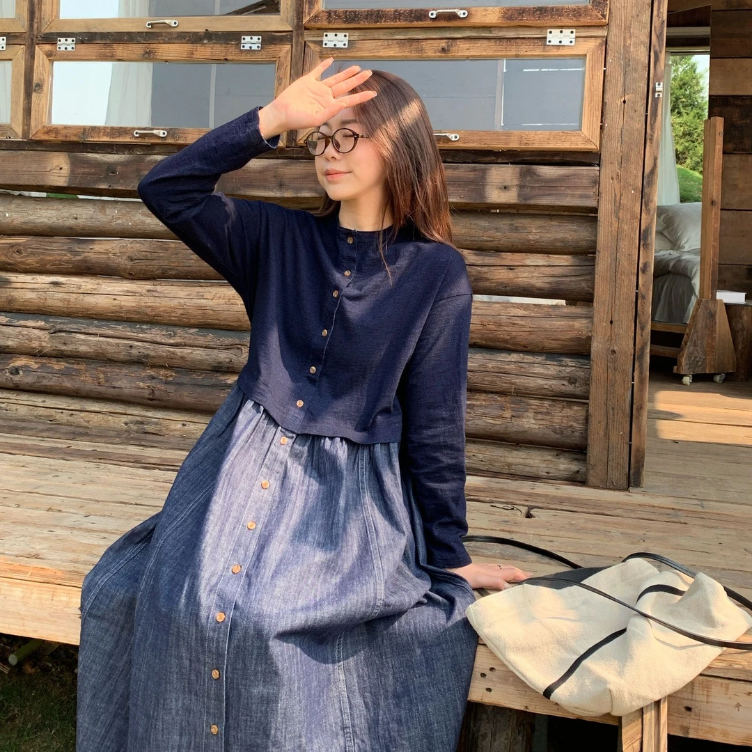日系清新休闲深蓝牛仔布拼接连衣裙 Q6821