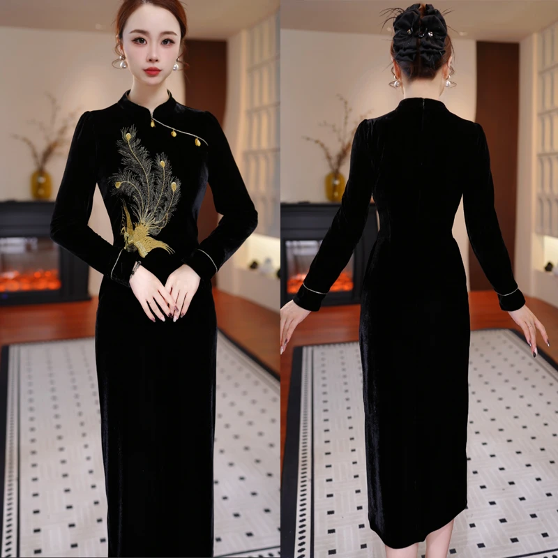 【玄丝凤影】2025秋季新款旗袍显瘦洋气减龄轻奢女人味黑色连衣裙