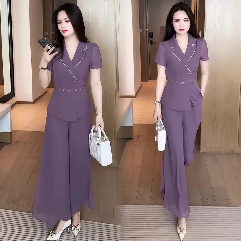 国风时尚套装女收腰盘扣上衣夏装新款设计感V领衬衫阔腿裤两件套