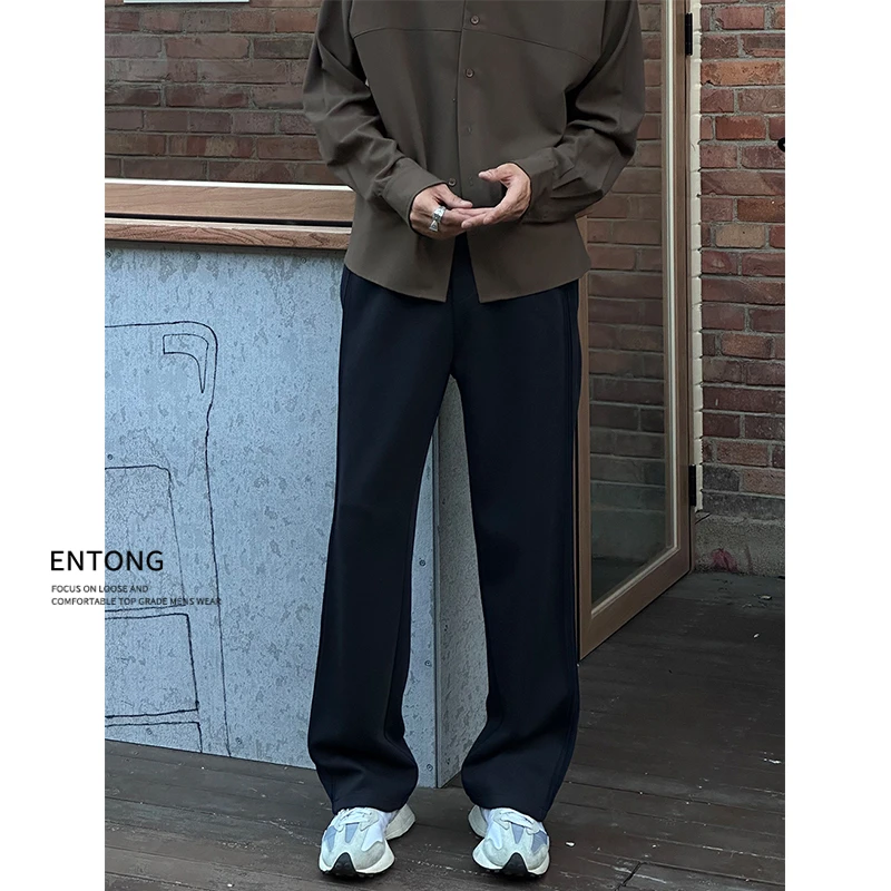 Entong美式高街微喇卫裤男款垂感抽绳黑色宽松休闲裤秋季百搭长裤