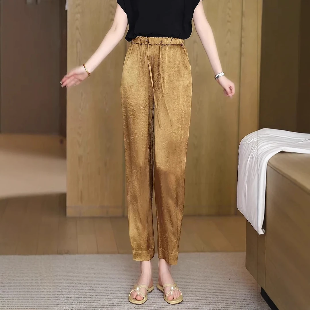 金色缎面醋酸哈伦裤女2025夏季薄烟管裤子高腰显瘦九分休闲凉凉裤