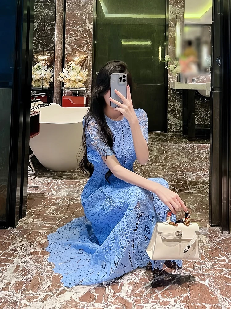 蕾丝旗袍法式连衣裙圆领碎花浪漫荷叶边高腰雪纺裙长裙气质连衣裙