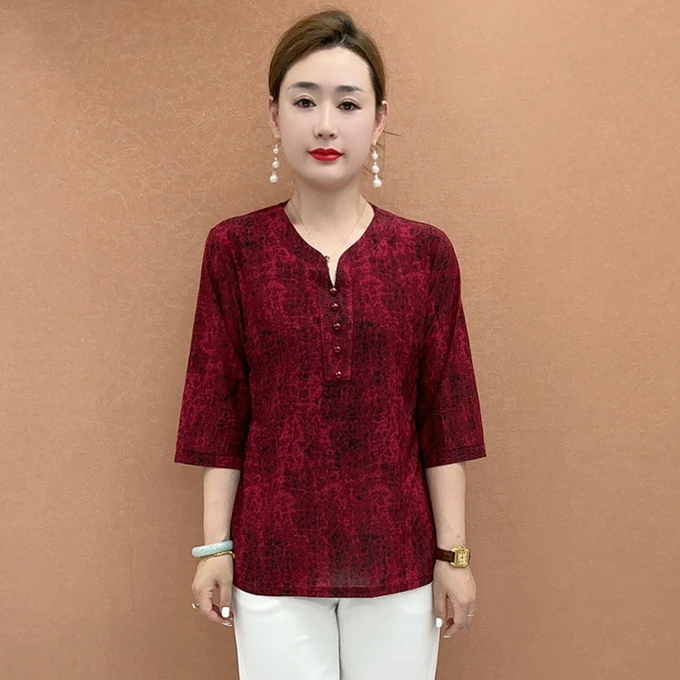 喜婆婆春秋妈妈小衫七分花色T恤中老年女装60岁奶奶上衣妈妈秋装
